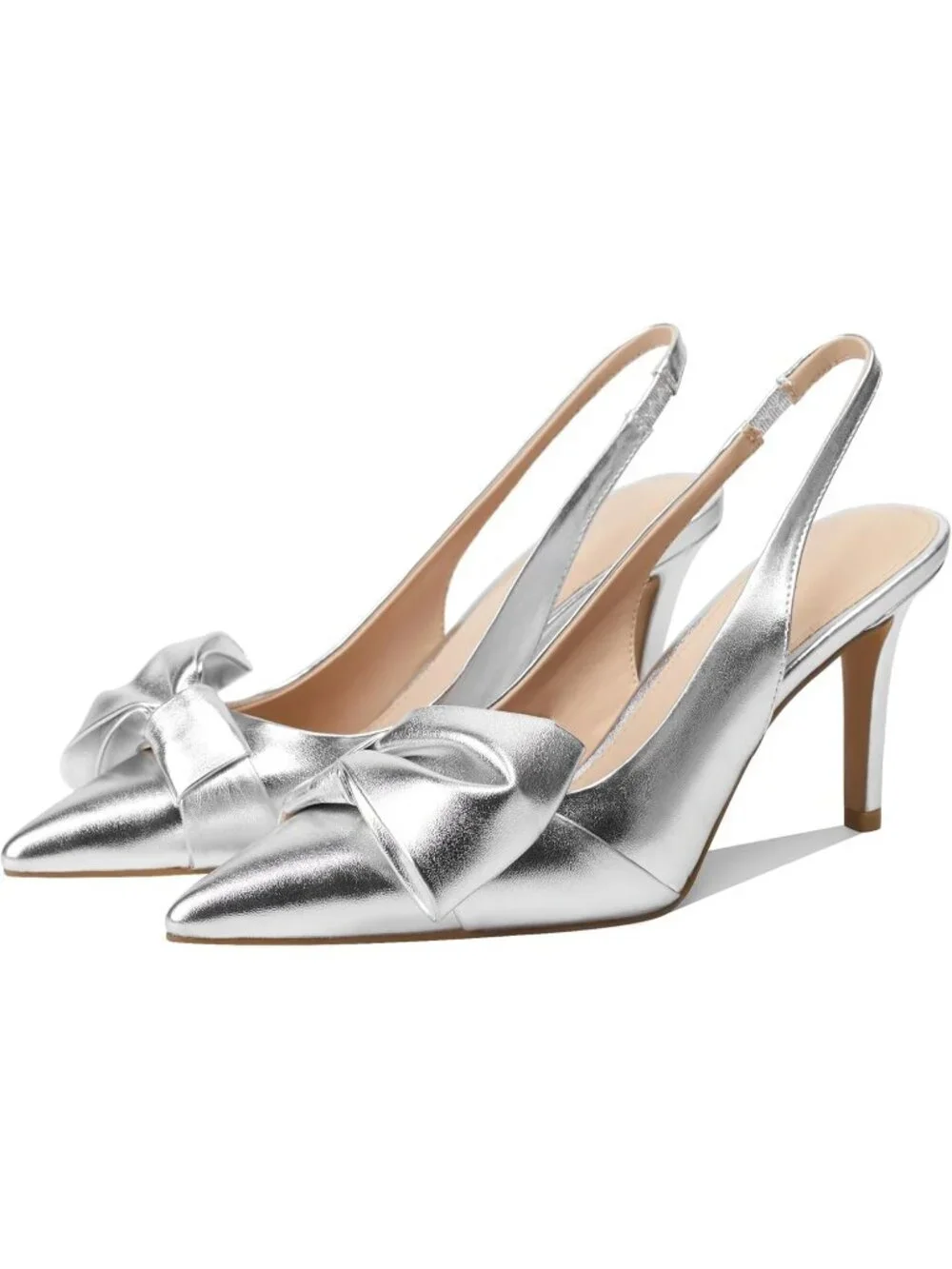 Women's Pu Silver Slingback Heels with Bow Pointed Toe Pumps Dress Shoes
